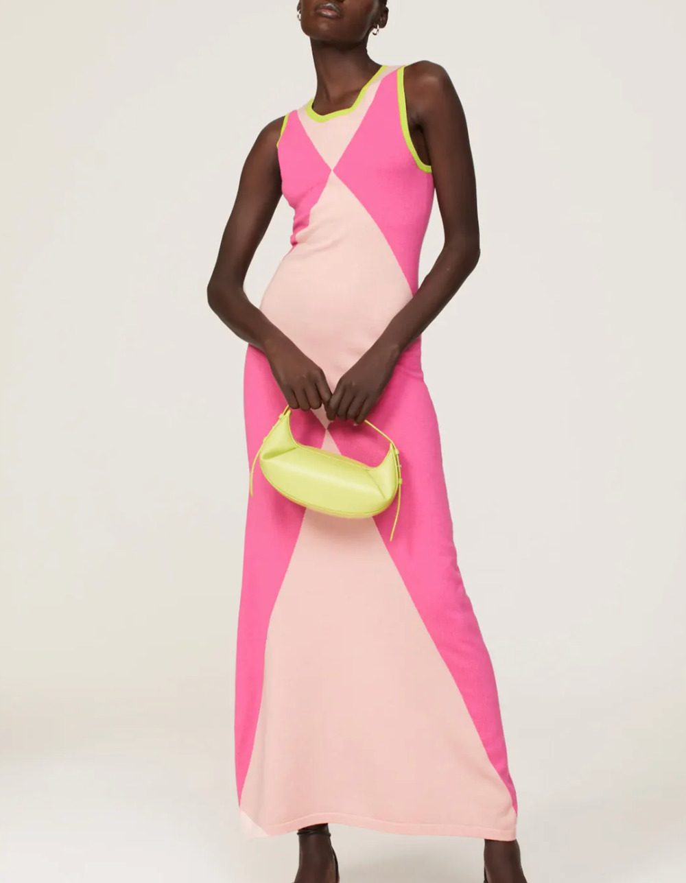 Victor Glemaud Pink Harlequin Maxi Dress MEDIUM Cotton Knit Argyle Designer $400